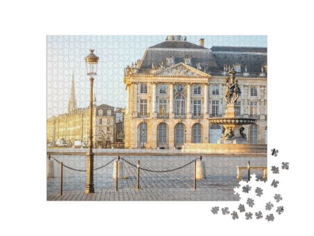 Puzzel 1000 stukjes „Uitzicht op het beroemde plein La Bourse met fontein in de ochtend in Bordeaux, Frankrijk“