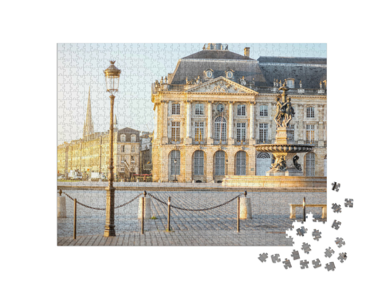 Puzzel 1000 stukjes „Uitzicht op het beroemde plein La Bourse met fontein in de ochtend in Bordeaux, Frankrijk“