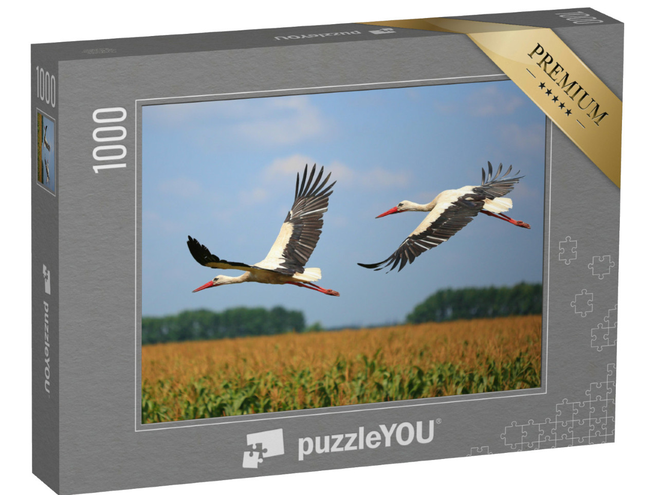 Puzzel 1000 stukjes „Twee ooievaars vliegen over een veld“