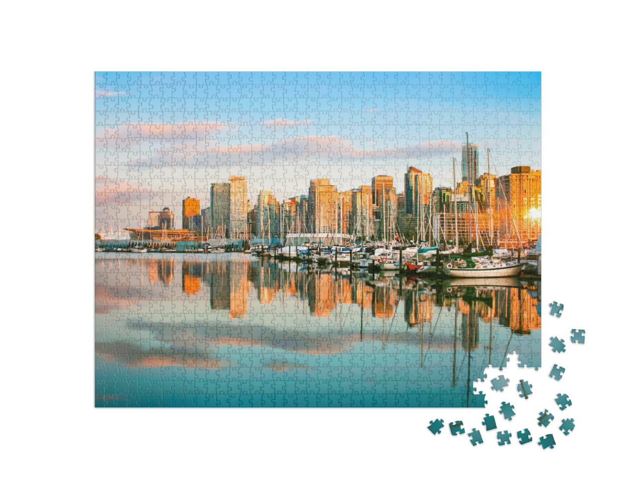 Puzzel 1000 stukjes „De skyline van Vancouver met de haven bij zonsondergang“