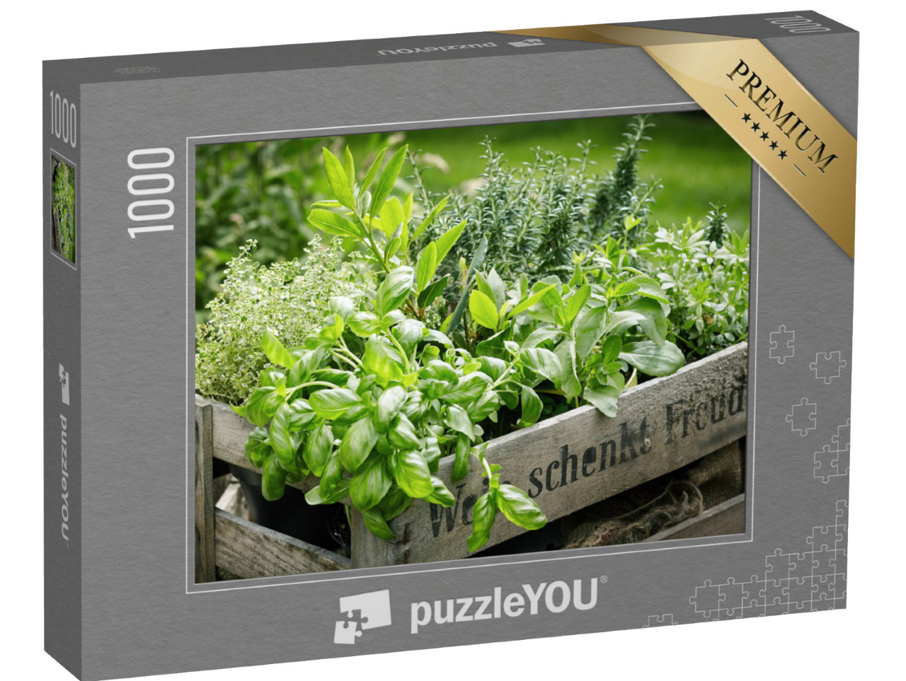Puzzel 1000 stukjes „Houten kistje met verschillende verse, groene keukenkruiden“