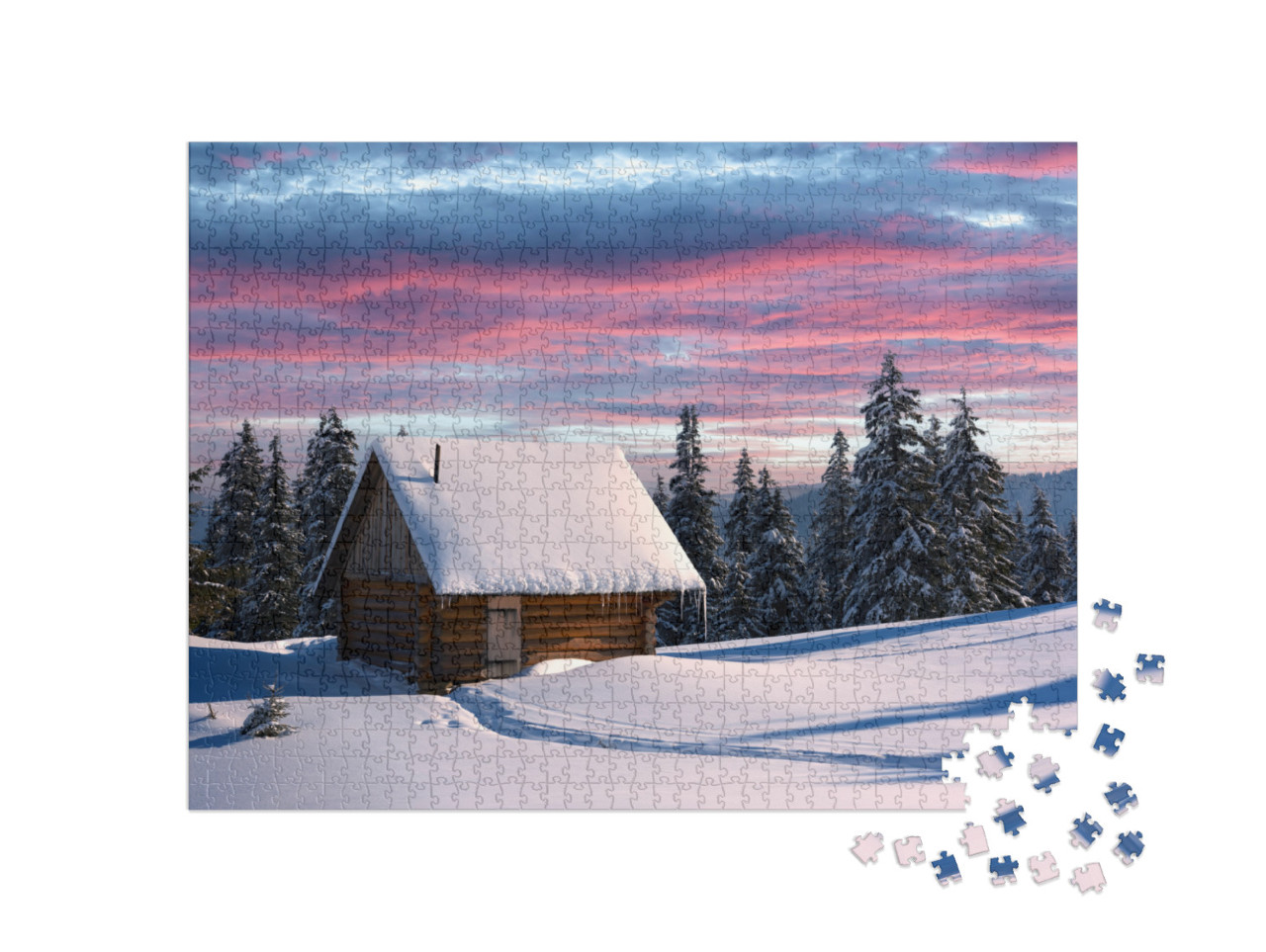 Puzzel 1000 stukjes „Winterlandschap met houten huis, Karpaten, Oekraïne“