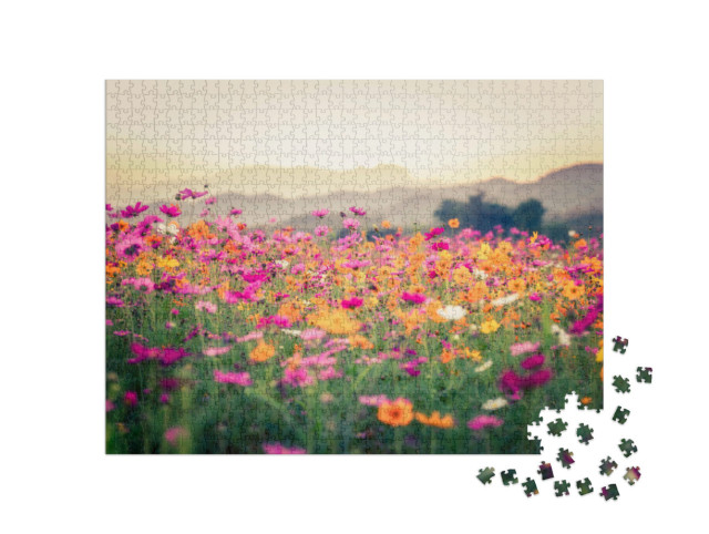 Puzzel 1000 stukjes „Bloemenveld met zonsondergang“