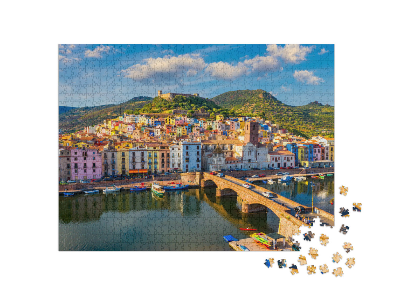Puzzel 1000 stukjes „Luchtfoto van het dorp Bosa met kleurrijke huizen, Sardinië“