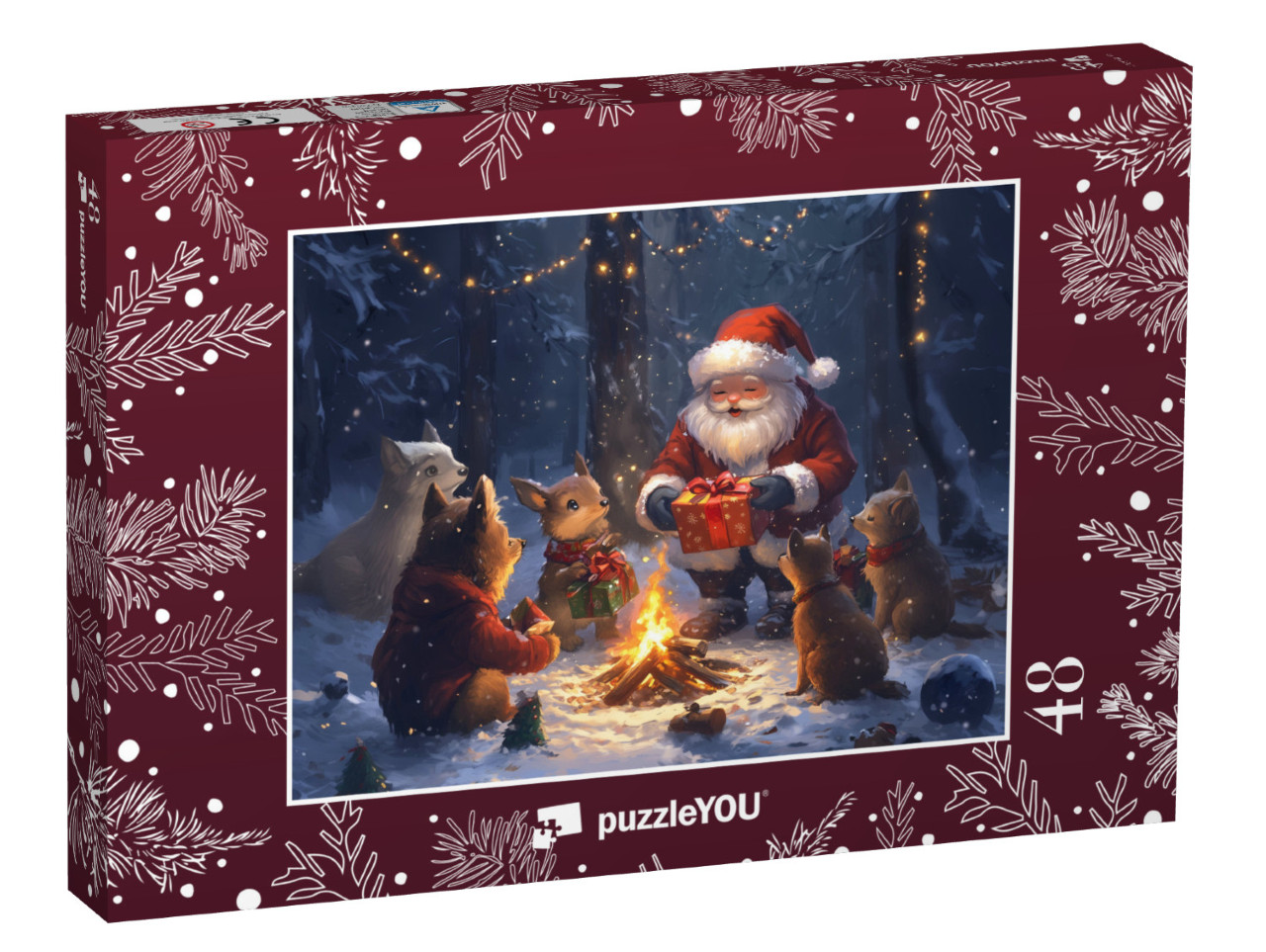 Puzzel 48 stukjes „Noël en forêt : les enfants des animaux reçoivent des cadeaux du Père Noël“