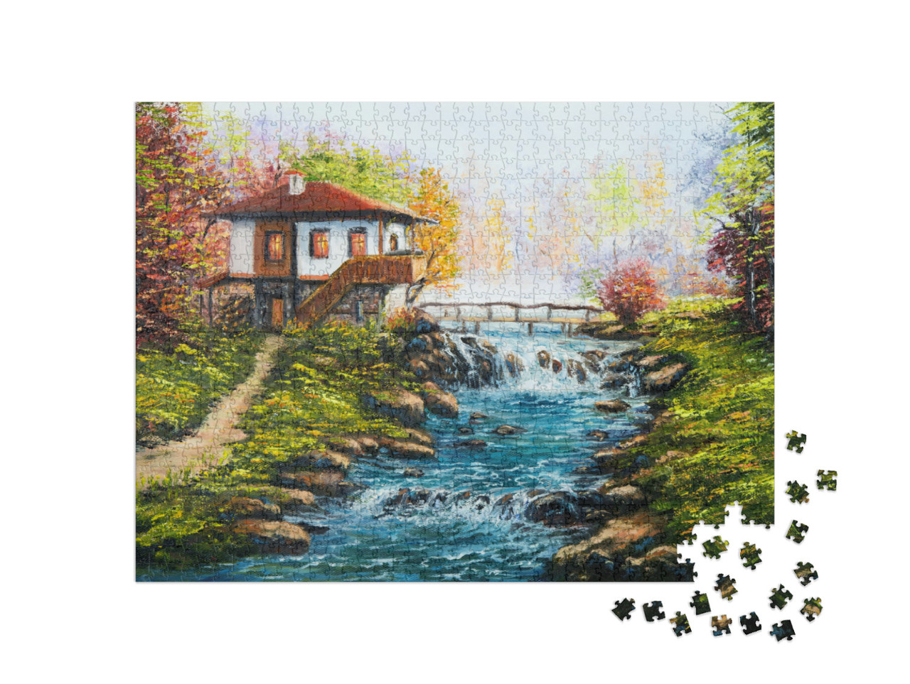 Puzzel 1000 stukjes „Olieverfschilderij: Traditioneel Bulgaars huis bij de rivier in de bergen“