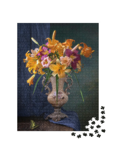 Puzzel 1000 stukjes „Stilleven met gele lelies en dagleliebloesems“