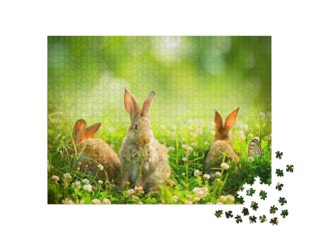 Puzzel 1000 stukjes „Konijnen tussen lentebloemen en groen gras“