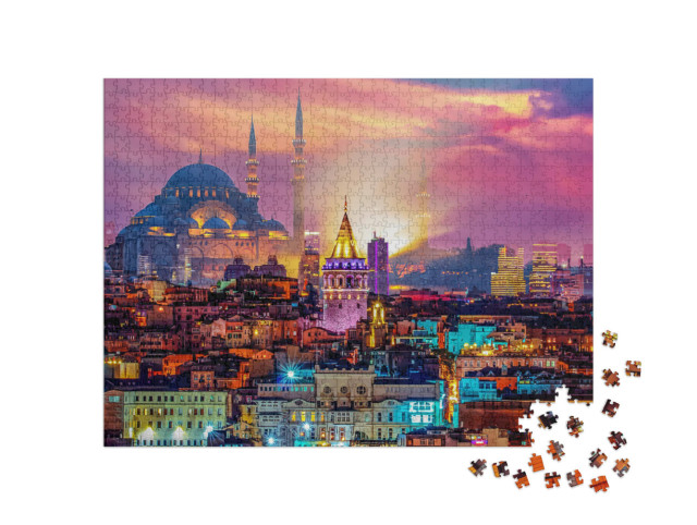 Puzzel 1000 stukjes „De skyline van Istanbul met de Galata toren en de Suleymaniye moskee“