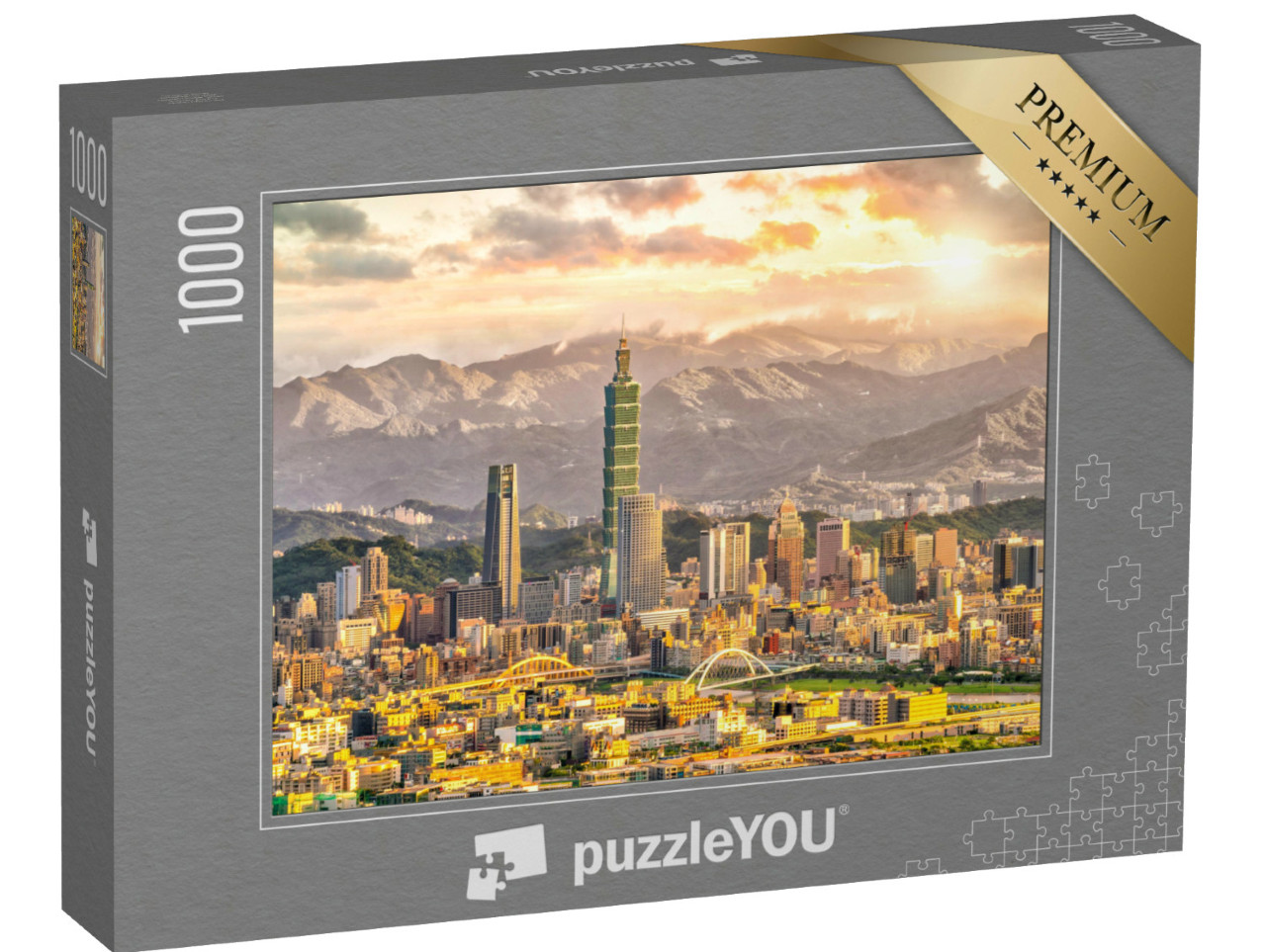 Puzzel 1000 stukjes „Taipei skyline met berglandschap bij zonsondergang“
