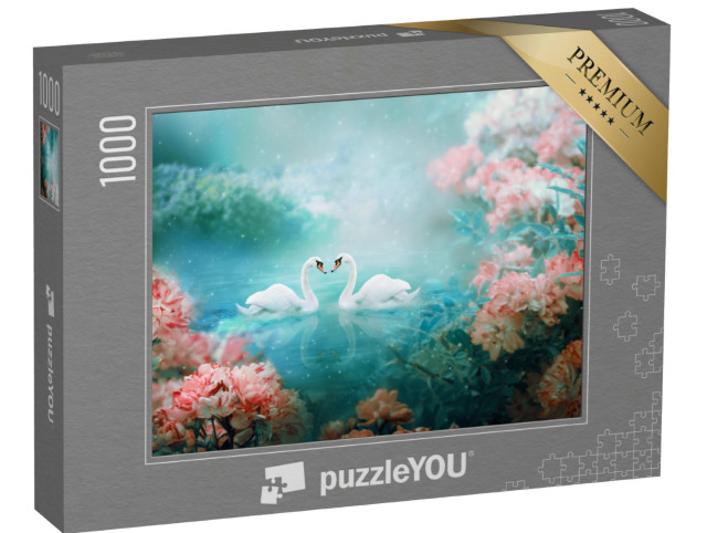 Puzzel 1000 stukjes „Twee witte zwanen zwemmen door een sprookjeslandschap“