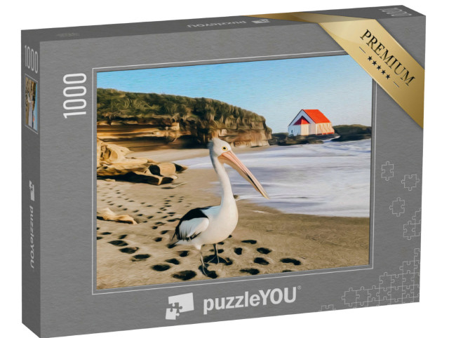 Puzzel 1000 stukjes „Een pelikaan op het strand“