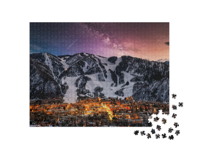 Puzzel 1000 stukjes „Skyline van de stad Aspen met Melkweg“