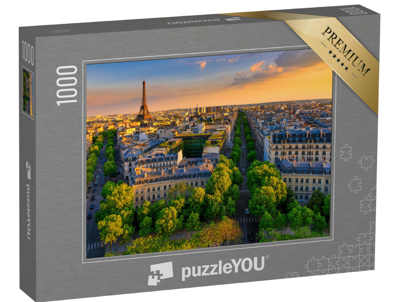 Puzzel 1000 stukjes „Skyline van Parijs met Eiffeltoren bij zonsondergang, Frankrijk“