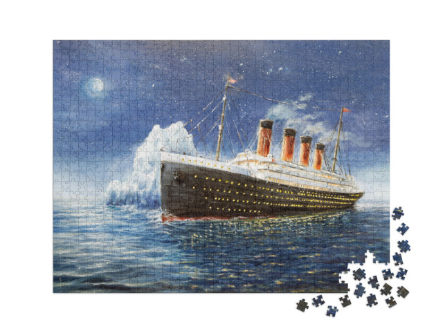 Puzzel 1000 stukjes XXL „Olieverfschilderij: De Titanic botst op de ijsberg“