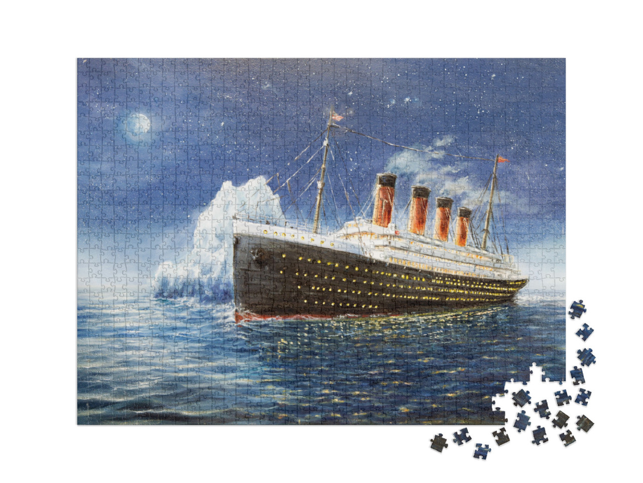 Puzzel 1000 stukjes XXL „Olieverfschilderij: De Titanic botst op de ijsberg“