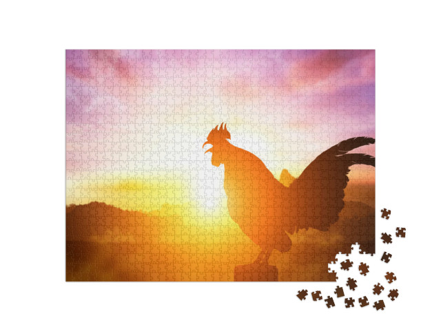 Puzzel 1000 stukjes „Silhouet van een kraaiende haan in de stralende zonsopgang“