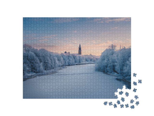 Puzzel 1000 stukjes „Prachtig winterlandschap bij de bevroren Aurajoki rivier, Turku, Finland“