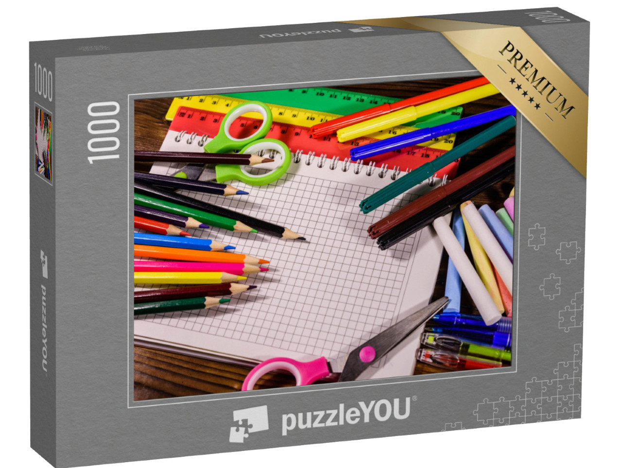 Puzzel 1000 stukjes „Schoolspullen op een donkere houten tafel“