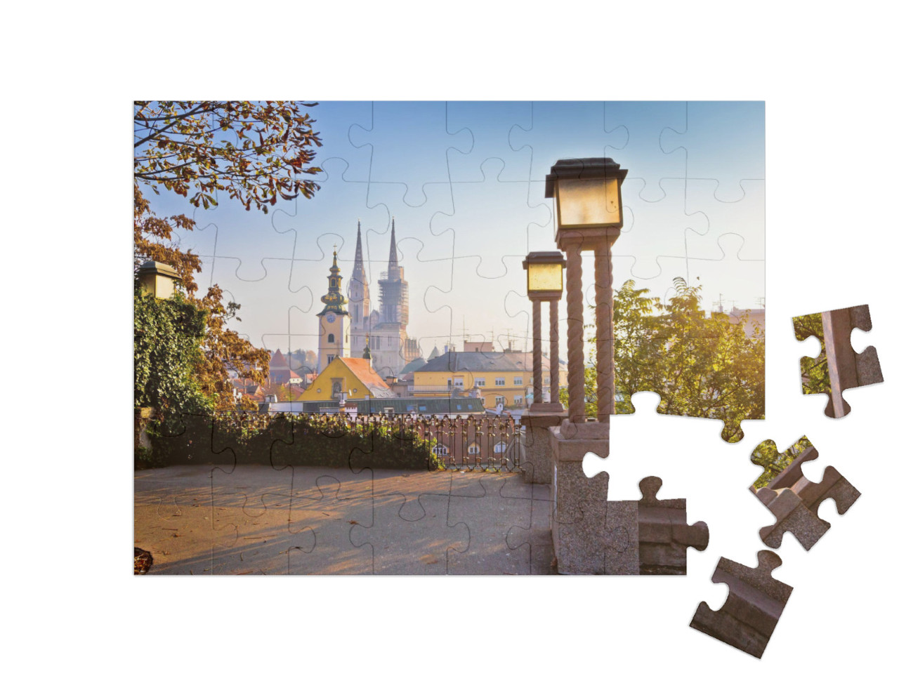 Puzzel 48 stukjes „Torens van Zagreb bij zonsopgang, Kroatië“