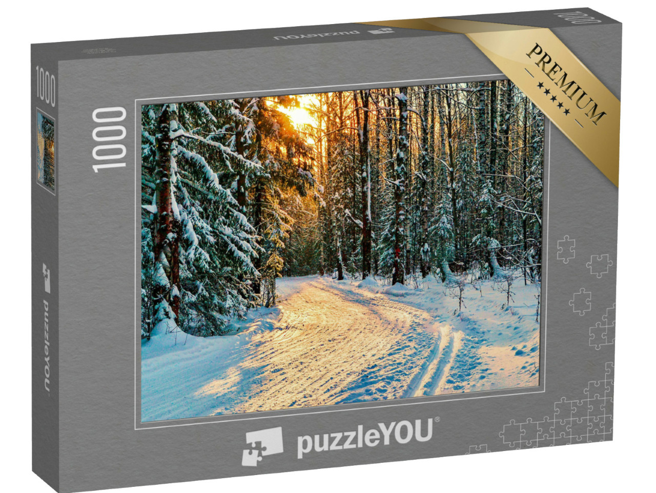 Puzzel 1000 stukjes „Winter bospad in een besneeuwd bos met dennenbomen“