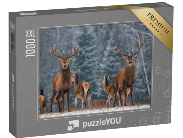 Puzzel 1000 stukjes XXL „Een kudde herten in het winterse bos“
