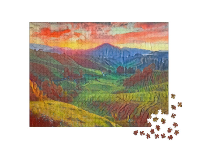 Puzzel 1000 stukjes „in de kunststijl van Franz Marc - theeplantage Sungai Palas in Cameron Highlands, Pahang, Maleisië“