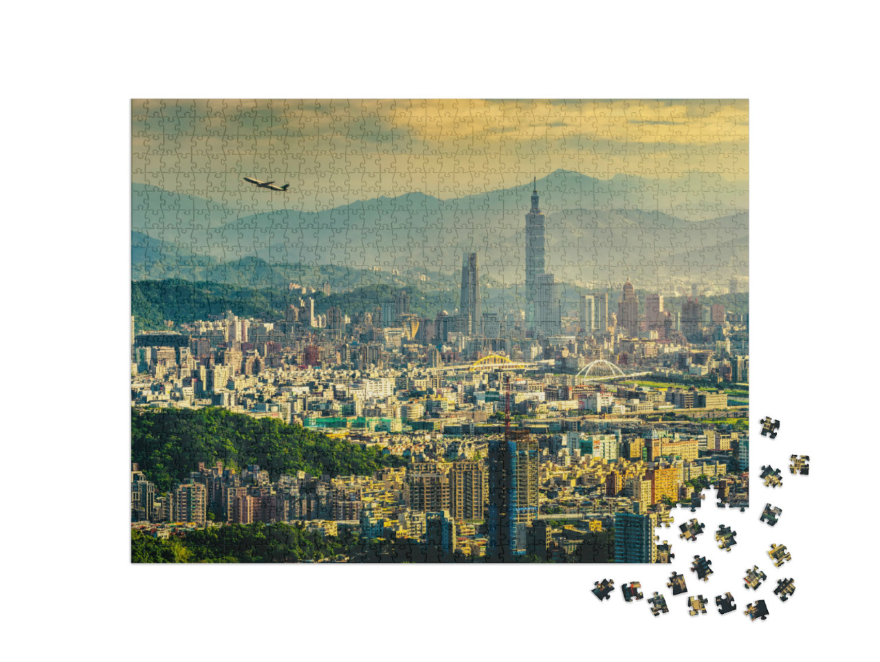 Puzzel 1000 stukjes „Panorama bij zonsondergang van Taipei, Taiwan“