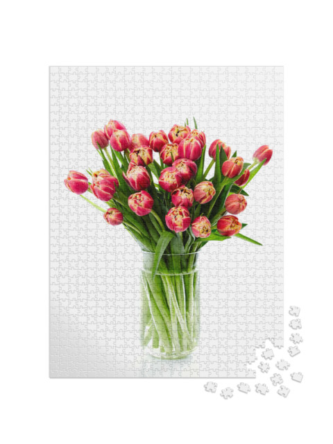 Puzzel 1000 stukjes „Rode tulpen met een gele rand in een glazen vaas“