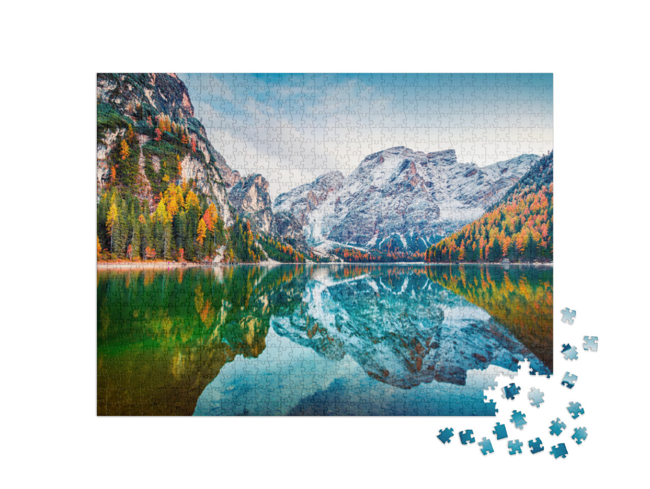 Puzzel 1000 stukjes „Eerste sneeuw op het meer van Braies, Alpen, Italië“