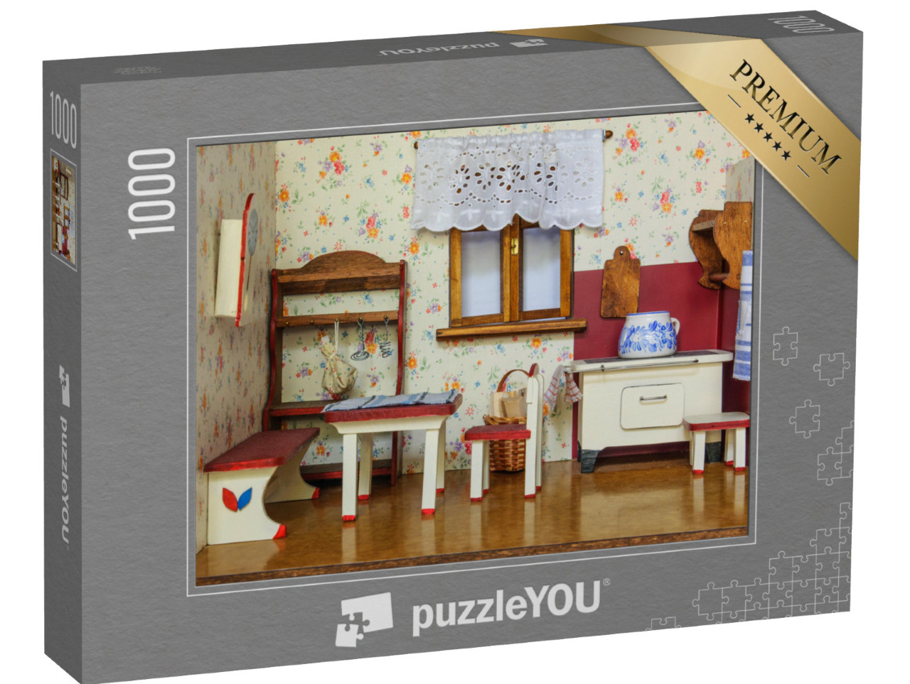 Puzzel 1000 stukjes „Detail van een woonkamer in een retro poppenhuis“