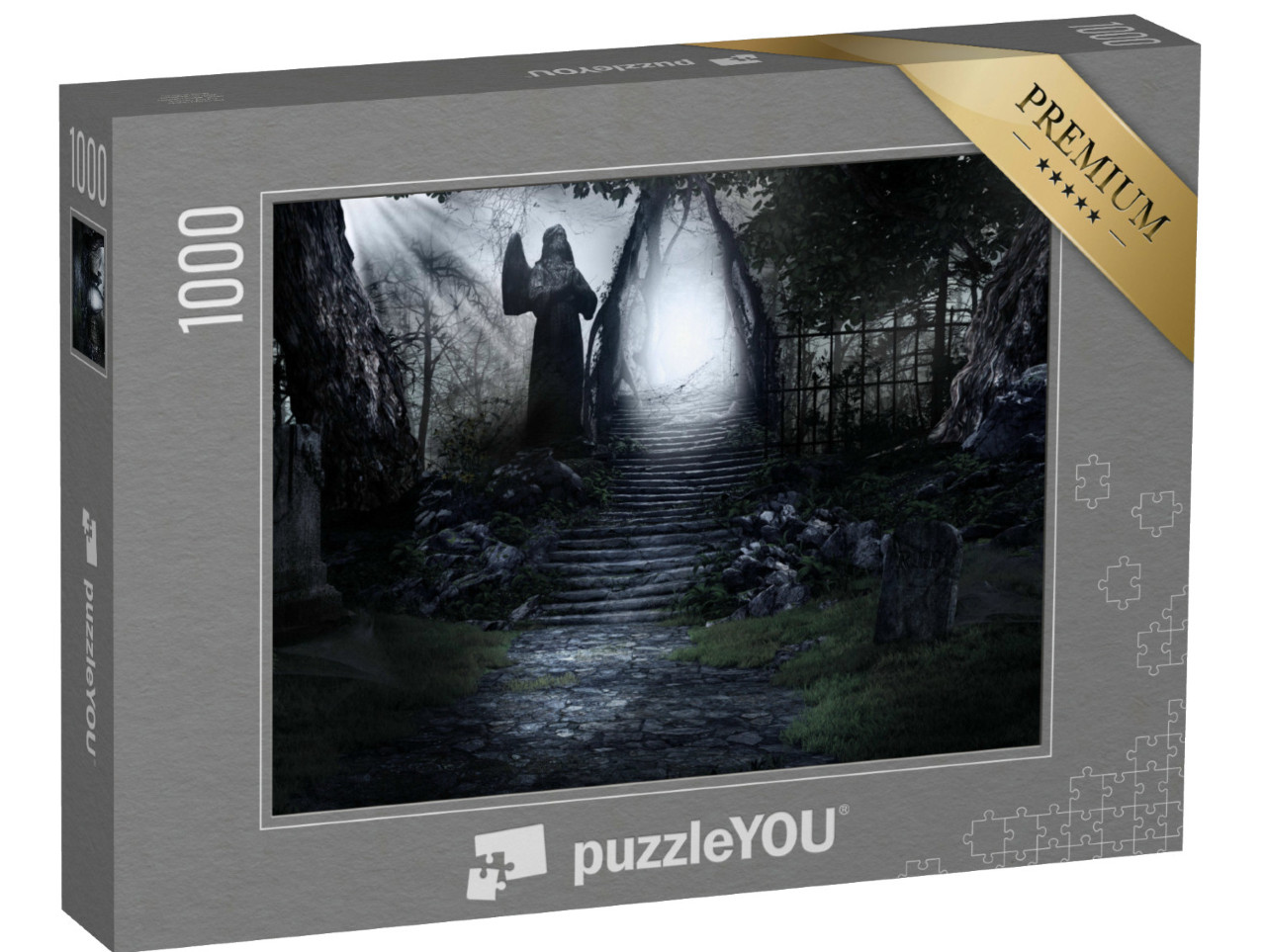 Puzzel 1000 stukjes „Een oud standbeeld bewaakt een stenen trap“