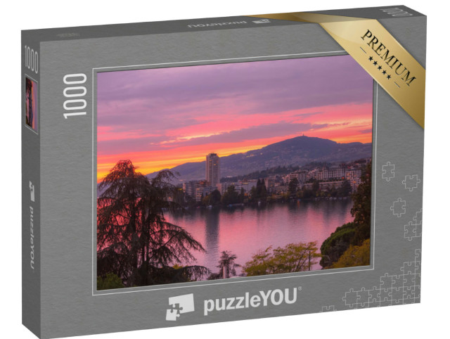 Puzzel 1000 stukjes „Zonsondergang met uitzicht op Montreux en het Meer van Genève, Zwitserland“