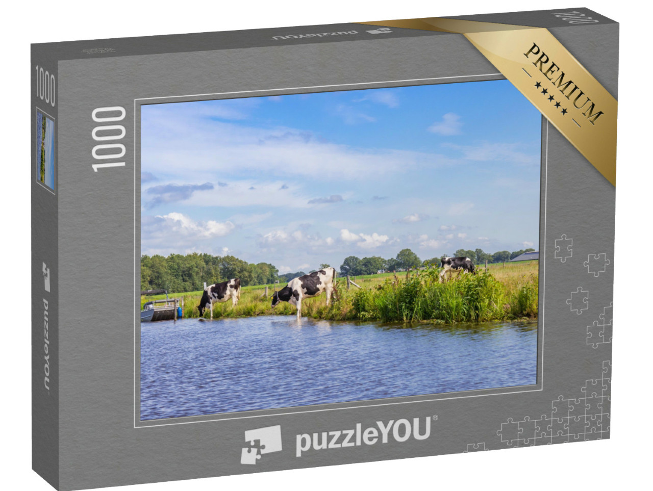 Puzzel 1000 stukjes „Panorama van koeien op de Vecht bij Hardenberg, Nederland“