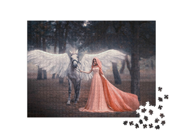 Puzzel 1000 stukjes „Artistieke fotografie: Jonge elfenvrouw met haar gevleugelde eenhoorn“