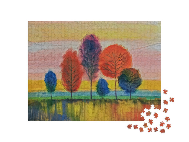 Puzzel 1000 stukjes „in de kunststijl van Franz Marc - olieverfschilderij landschap met kleurrijke bomen“