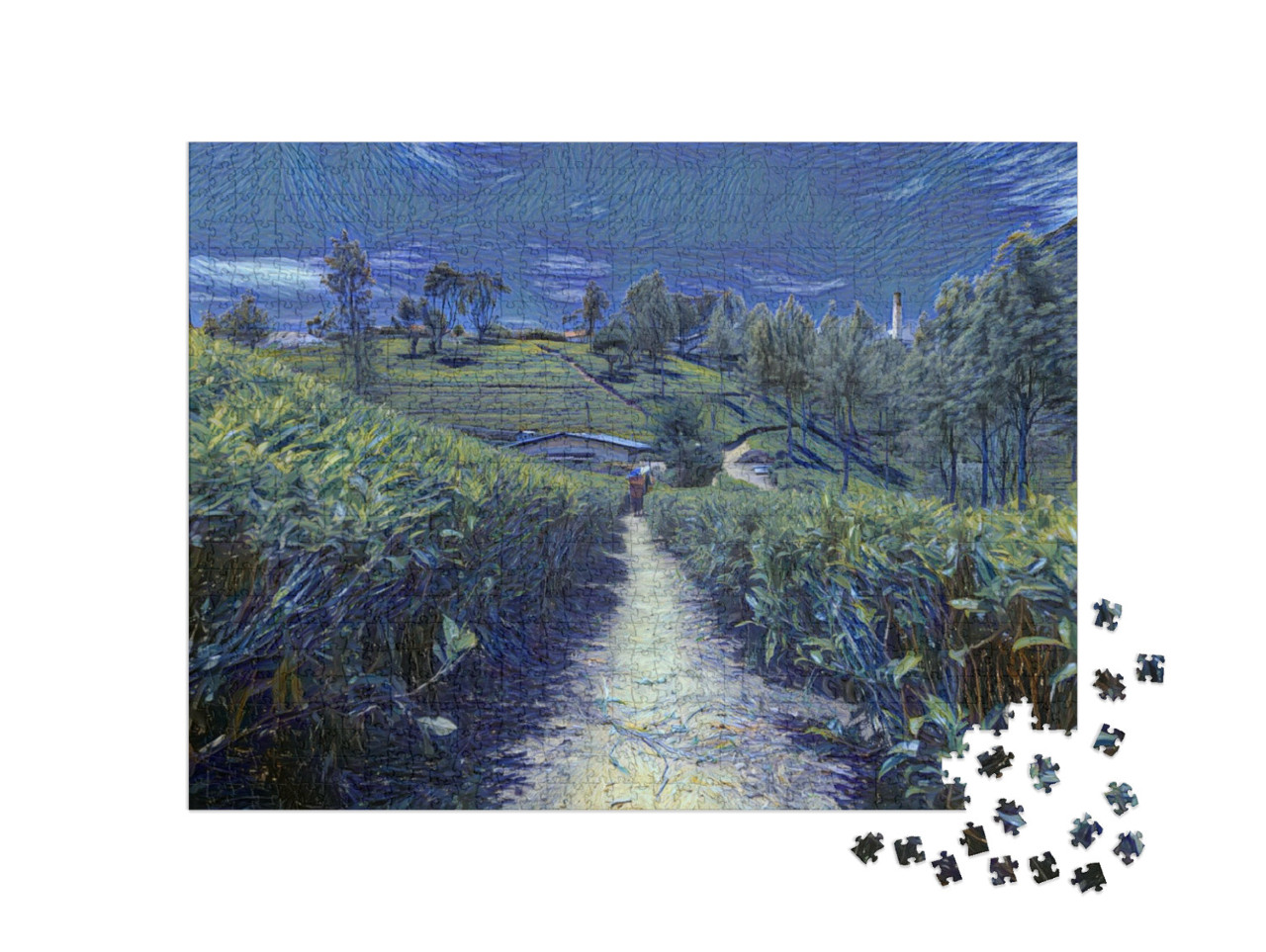 Puzzel 1000 stukjes „in de kunststijl van van Gogh, sterrennacht - theeplantages en fabriek in Sri Lanka“