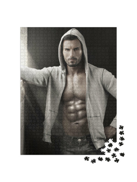 Puzzel 1000 stukjes „Sexy: gespierde man in spijkerbroek en open sweatjack“