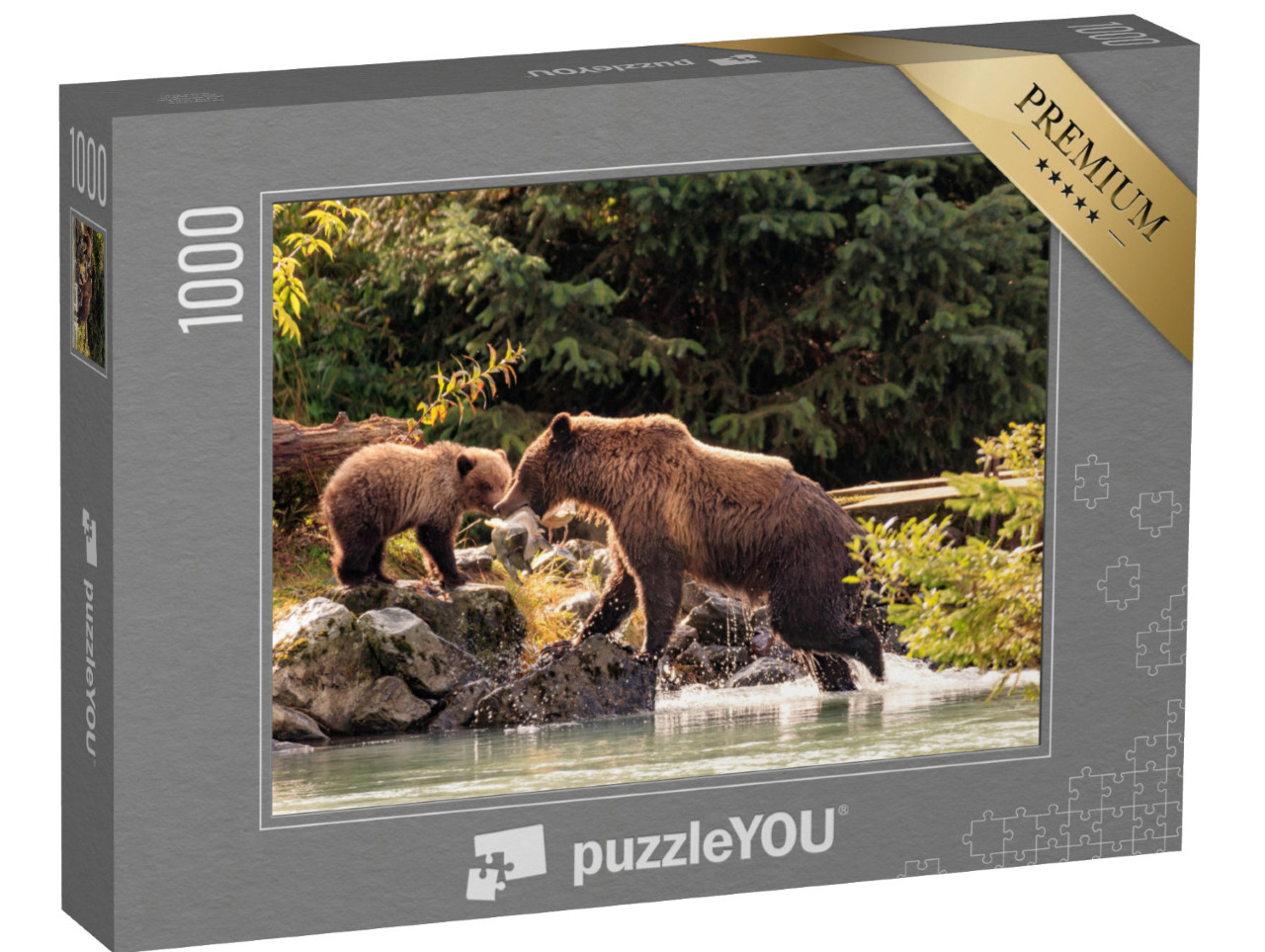 Puzzel 1000 stukjes „Moederbeer aan het vissen met haar welpen, Alaska“