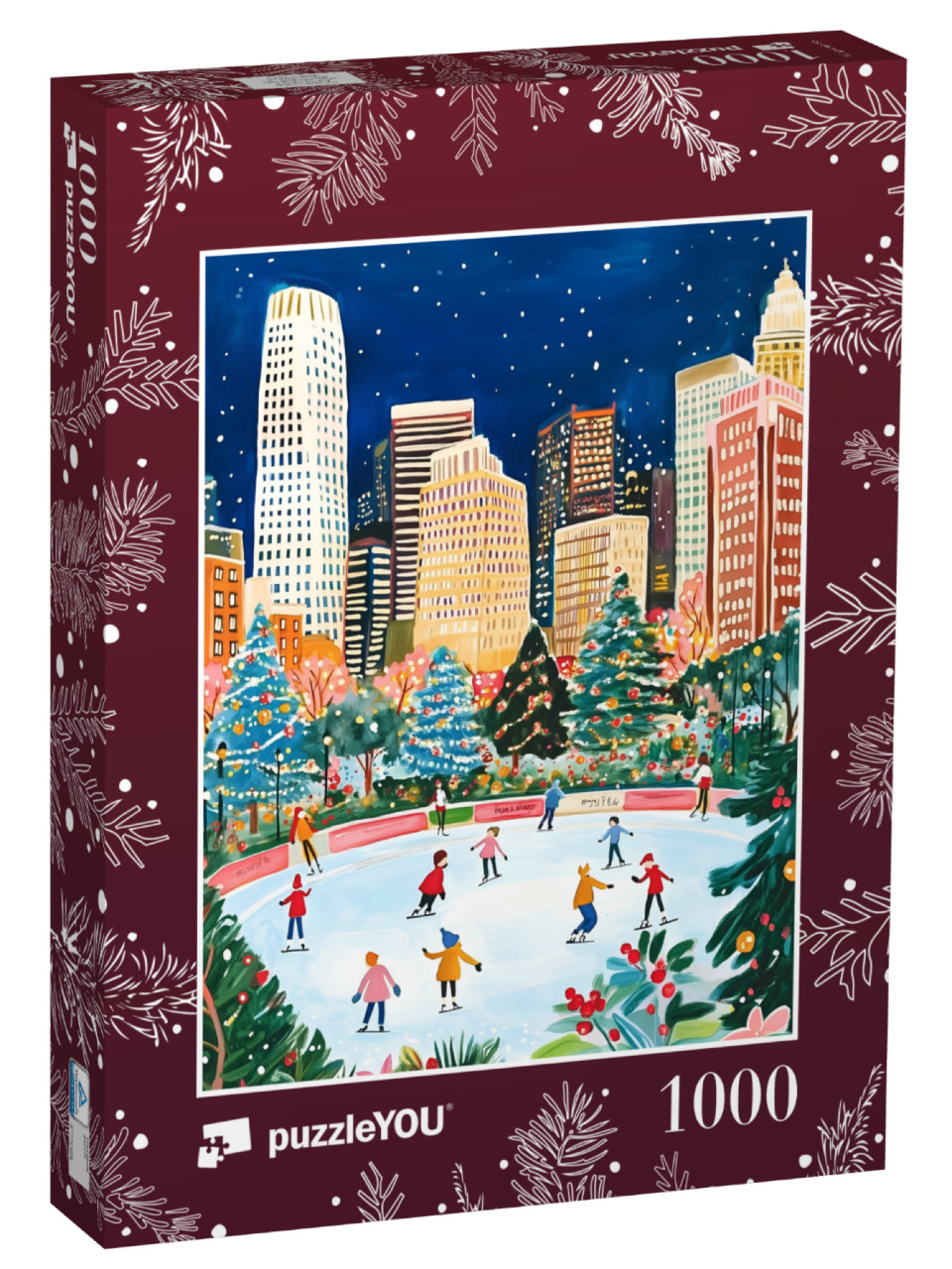 Puzzel 1000 stukjes „Patinoire de Noël entre les gratte-ciel de la ville“