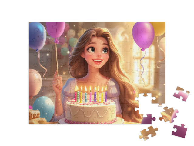 Puzzel 100 stukjes „Een prinses met haar verjaardagstaart en ballonnen“