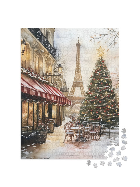 Puzzel 1000 stukjes „Noël à Paris : aquarelle avec sapin de Noël et tour Eiffel“