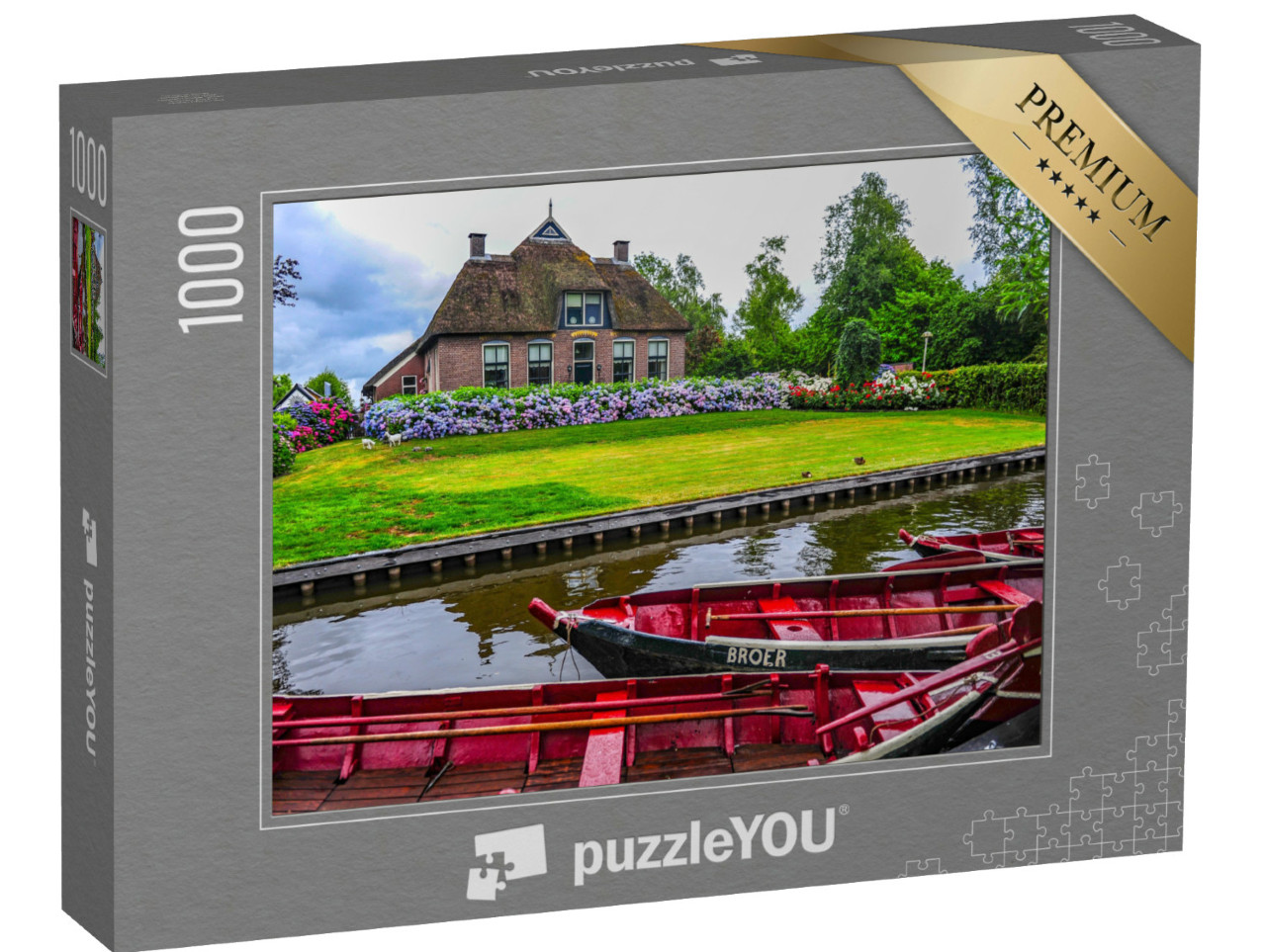 Puzzel 1000 stukjes „Giethoorn, Nederland Rode boten in de gracht voor een typisch Nederlands landhuis“