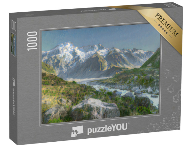 Puzzel 1000 stukjes „in de kunststijl van Claude Monet - Hooker Valley Track met de besneeuwde Sefton Mont“