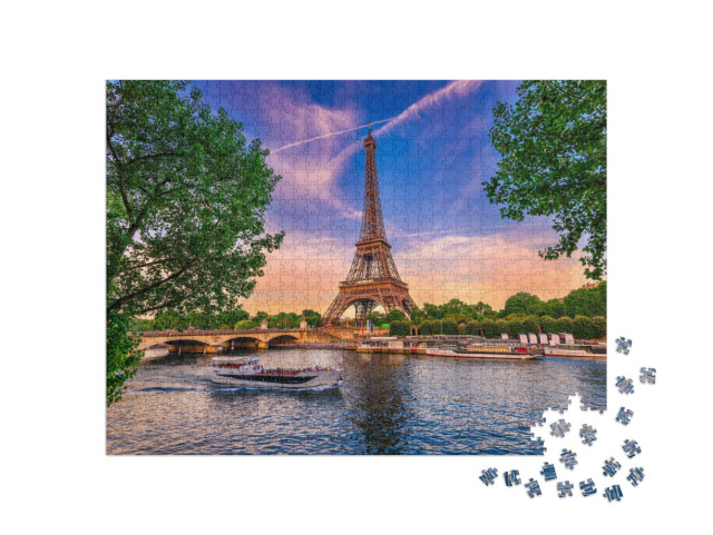 Puzzel 1000 stukjes „Eiffeltoren en rivier de Seine bij zonsondergang in Parijs, Frankrijk“