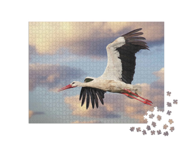 Puzzel 1000 stukjes „Een witte ooievaar tijdens de vlucht met een bewolkte lucht“