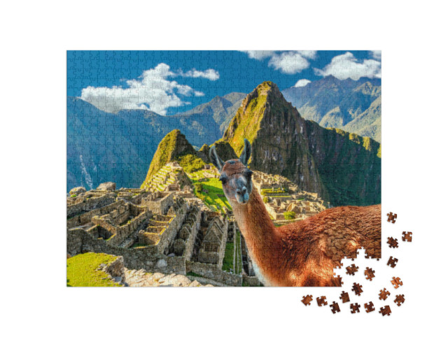 Puzzel 1000 stukjes „Lama op het uitkijkpunt van Machu Picchu in Peru“