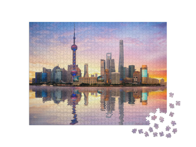Puzzel 1000 stukjes „Shanghai skyline bij zonsondergang“