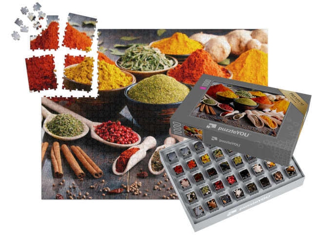 SMART SORTED® | Puzzel 1000 stukjes „Een verscheidenheid aan specerijen en kruiden op de keukentafel“