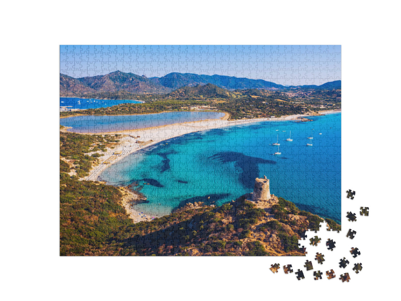 Puzzel 1000 stukjes „Torre di Porto Giunco toren en Simius strand, Sardinië, Italië“
